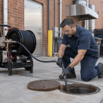 Technician operating hydro jetting equipment beside an accessible sewer line